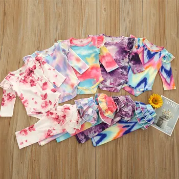 0-18 м Прекрасен Дрехи за малките момичета с принтом под формата на тай-боя, Блузи с дълги ръкави и набори, Върховете + Дълги панталони-пакет, комплект от 2 теми, 5 Цвята