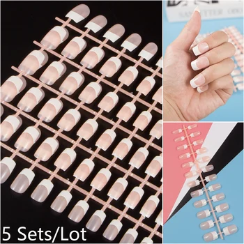 5 Комплекта в опаковка 24 бр/компл. Квадратен френски външен нокти с UV-покритие от Здрав Съобщение на фалшиви нокти DIY комплекти Пълно покритие на ноктите Съвети
