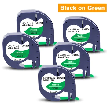 5PK Съвместима Этикеточная Лента Dymo 12 мм, черен цвят на Зелен 91204 за Принтер за Етикети Dymo Letratag LT100H Dymo Labeller LT-100H пишещи машини