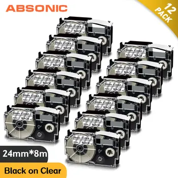 Absonic 10/12 бр XR-24X Съвместим за Casio Черен в прозрачен 24 мм * 8 м Лента за Етикети Замяна за Casio L-8200 KL-C500 Производител на Етикети