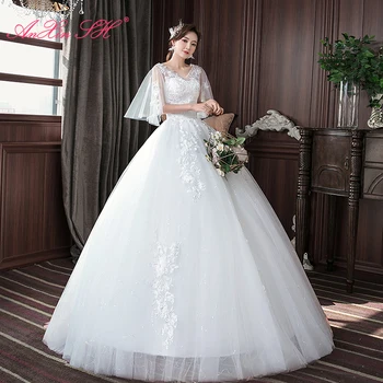 AnXin SH принцеса бяло цвете дантелено сватбена рокля, ретро V образно деколте ръкав 