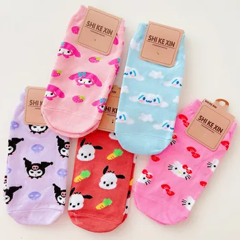 Kawaii Sanrio Hello Kitty Дамски Чорапи С Шарени Куроми My Melody Cinnamoroll Памучни Чорапи Лодка Сладък Студентски Ежедневни Чорапи Детски Подарък