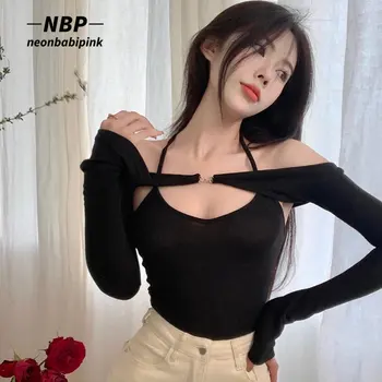 NEONBABIPINK, секси тениска с отворена врата и отворени рамене, Женски Корейски Модерен Черен Съкратен топ с дълъг ръкав, Комплект от две части на N85-BG17