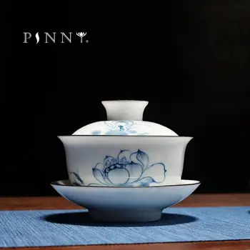 PINNY Керамични Чай С Ръчно Рисувани, Висококачествен Бял Порцелан, Китайски Чай Gaiwan, Порцелан Чаена Чаша ръчно изработени Саксии