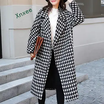 Xnxee 2019 новият есенен женски тренч, дълга козина, пряко вълна палто в клетка с дълъг ръкав и отложным яка, модно палто