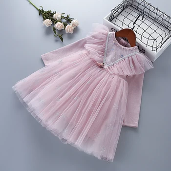 Висококачествено облекло за момичета от 3 до 7 години, новост 2020 г., есенна мода ежедневни розово-синята лейси окото, детски рокли на принцеси за момичета