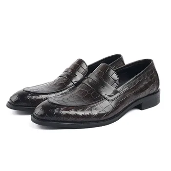 Кафяви мъжки модел обувки от естествена кожа, черни сватбени обувки, мъжки бизнес ежедневни обувки без обков с остри пръсти, офис работна обувки 38-44