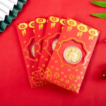 Китайската Нова Година Е Златна Монета Червени Пликове Празника На Зайци Паричен Торбичка