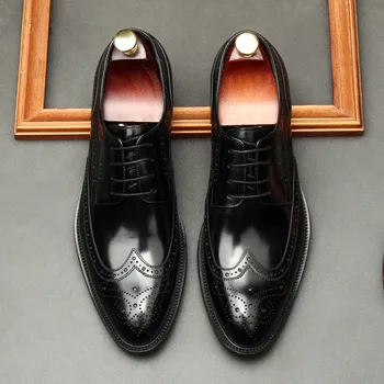 Луксозни мъжки обувки-Oxfords Дантела с Остри Пръсти, Черни, Кафяви, Бели мъжки Модел обувки с Перфорации тип 