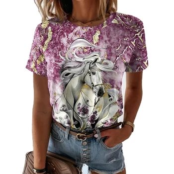 Лятна дамска тениска с Кръгло деколте и къси ръкави и принтом Кон в ретро стил, Модна тениска с Къси ръкави, Всекидневни градски Топ