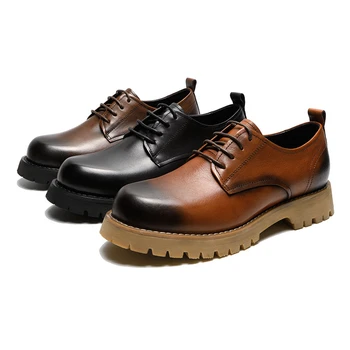 Мъжки обувки, пролетно-есенна нова мода ежедневни обувки от телешка кожа в британския стил на дебела подметка за отдих, които на ръст, черна работна обувки за мъже