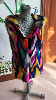 Нов оригинален многоцветен жилетка от естествена кожа кадифе с качулка, цвят яке-жилетка, зимни жилетки за поръчка, голям размер