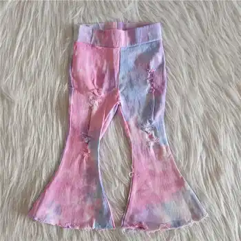 Продажба на едро, детски дънки с високо качество за малки момичета, розово-сини разкроена дънки с равен брой гласове-боя, скъсани детски панталони