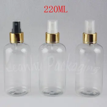 Прозрачна пластмасова бутилка 220 мл със златен распылительным помпа, празен Козметични контейнер 220 cc, Тонер / Вода за бутилиране