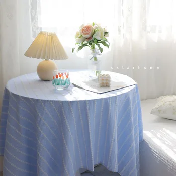 Сини бродирани клетчатая покривка с кухненски кръгла маса на квадратен подложка за маса фонова плат декорация на дома, 100% памучен покривка