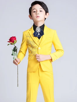 Тържествен Костюм, Сако, Сватбен костюм за момчета, комплекти, костюми, комплект от 4 теми, благородна яке + жилетка + панталони + папийонка, син размер 100-180 см