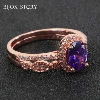 BIJOX STORY Елегантни и очарователни пръстени от сребро 925 проба с аметистом овална форма 6*8 мм, бижу пръстен със скъпоценни камък е за жените, сватбен подарък