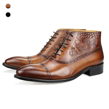 Ботильоны; луксозни мъжки модел обувки от естествена Кожа с Шарките на Крокодилска кожа Гумена Подметка с шнур и Принтом; botas masculinas